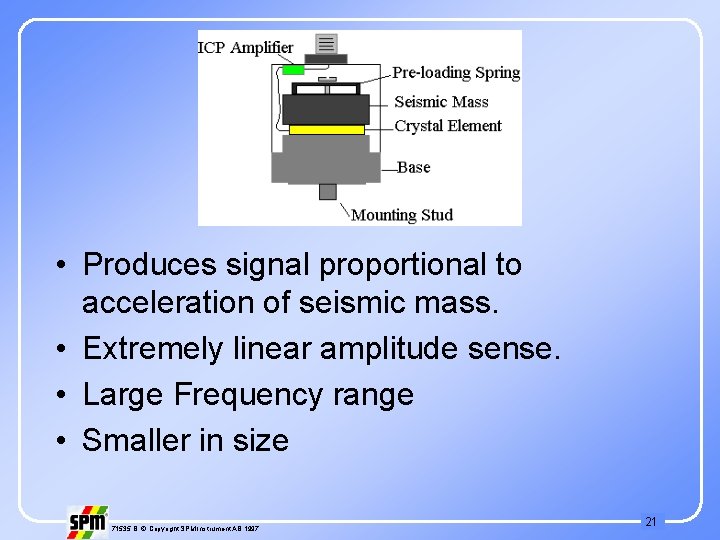  • Produces signal proportional to acceleration of seismic mass. • Extremely linear amplitude