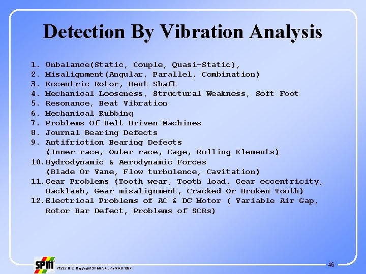 Detection By Vibration Analysis 1. 2. 3. 4. 5. 6. 7. 8. 9. Unbalance(Static,