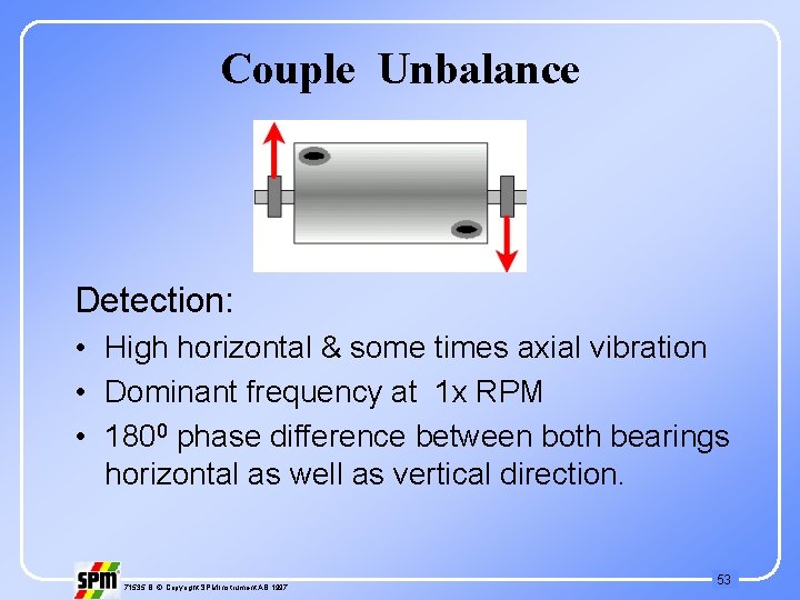 Couple Unbalance Detection: • High horizontal & some times axial vibration • Dominant frequency