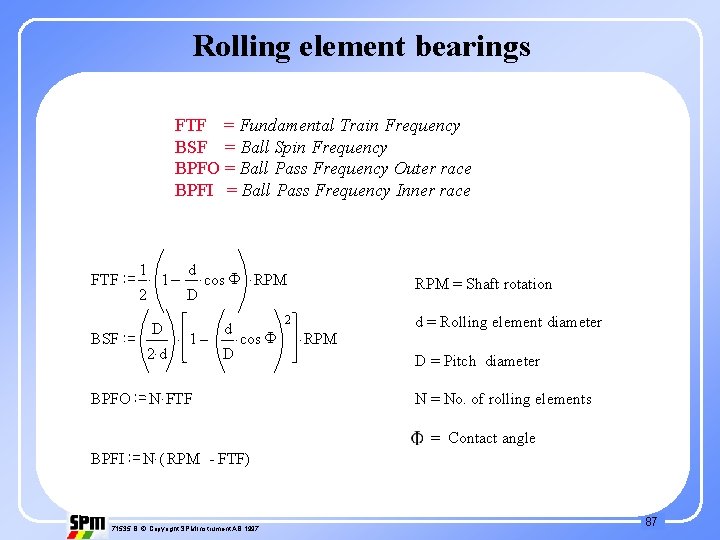Rolling element bearings FTF = Fundamental Train Frequency BSF = Ball Spin Frequency BPFO
