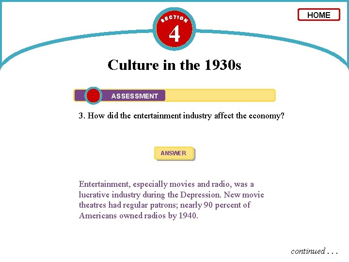 4 HOME Culture in the 1930 s ASSESSMENT 3. How did the entertainment industry