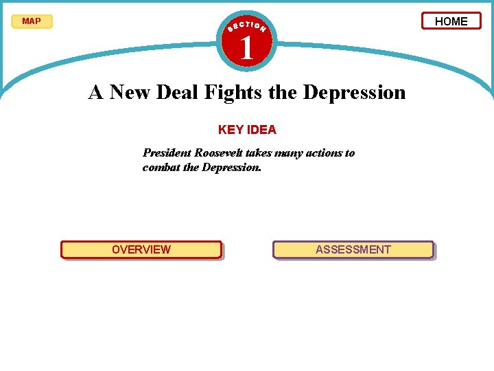 HOME MAP 1 A New Deal Fights the Depression KEY IDEA President Roosevelt takes