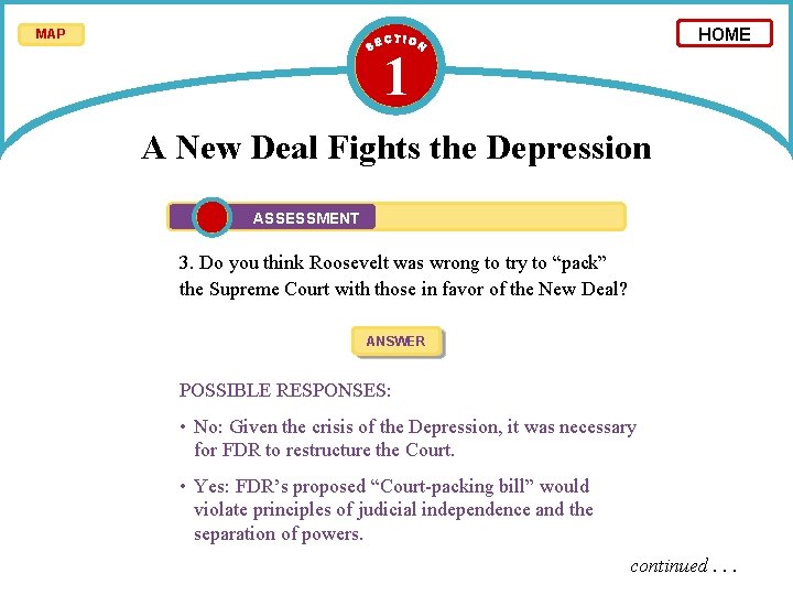 HOME MAP 1 A New Deal Fights the Depression ASSESSMENT 3. Do you think