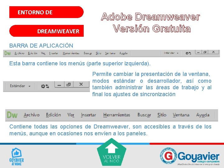 ENTORNO DE DREAMWEAVER Adobe Dreamweaver Versión Gratuita BARRA DE APLICACIÓN Esta barra contiene los