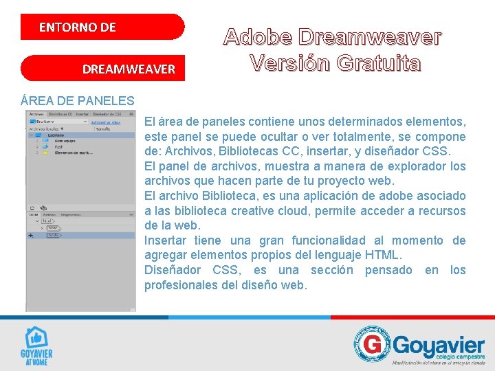 ENTORNO DE DREAMWEAVER Adobe Dreamweaver Versión Gratuita ÁREA DE PANELES El área de paneles