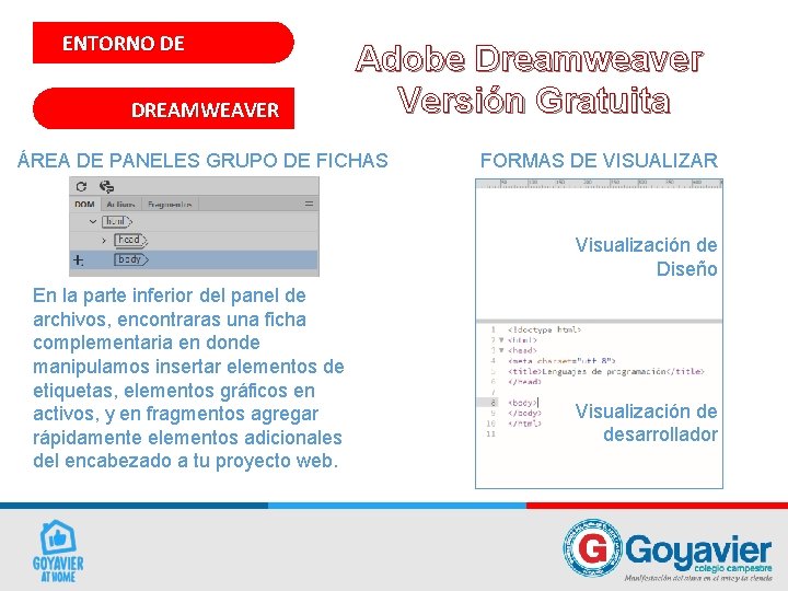 ENTORNO DE DREAMWEAVER Adobe Dreamweaver Versión Gratuita ÁREA DE PANELES GRUPO DE FICHAS FORMAS