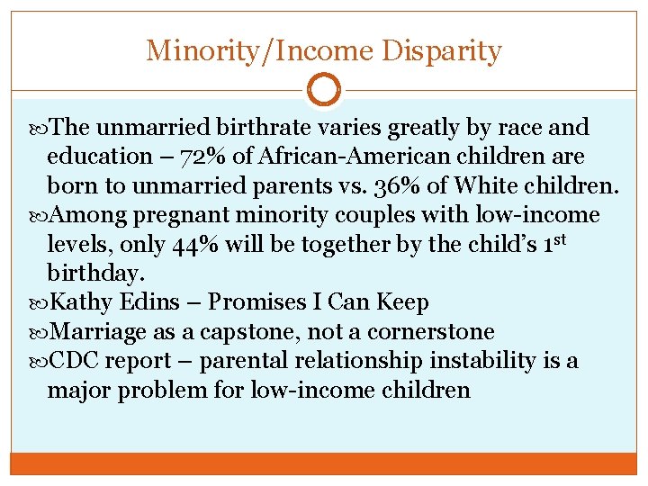 Minority/Income Disparity The unmarried birthrate varies greatly by race and education – 72% of