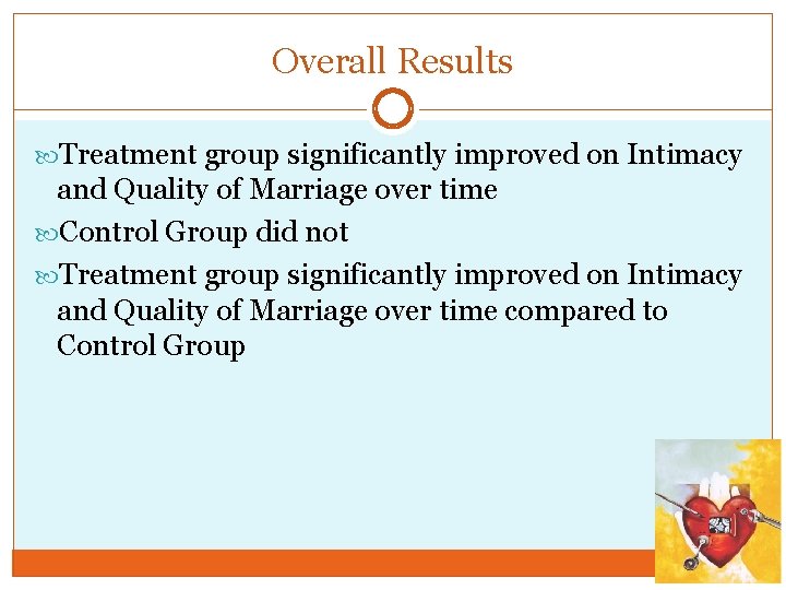 Overall Results Treatment group significantly improved on Intimacy and Quality of Marriage over time