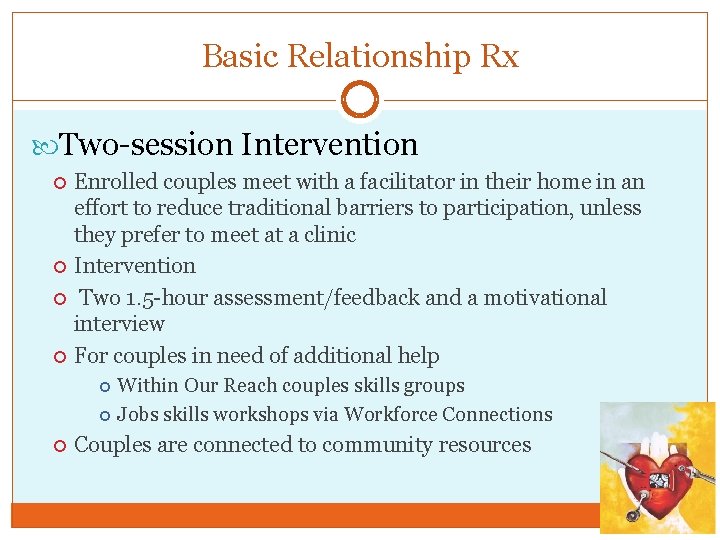 Basic Relationship Rx Two-session Intervention Enrolled couples meet with a facilitator in their home