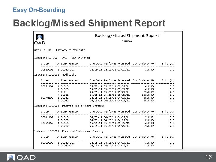 Easy On-Boarding Backlog/Missed Shipment Report 16 