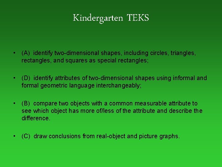 Kindergarten TEKS • (A) identify two-dimensional shapes, including circles, triangles, rectangles, and squares as