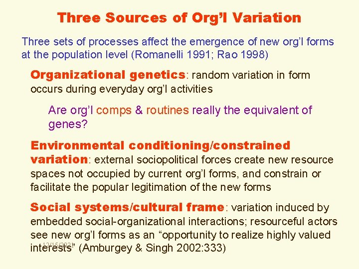 Three Sources of Org’l Variation Three sets of processes affect the emergence of new