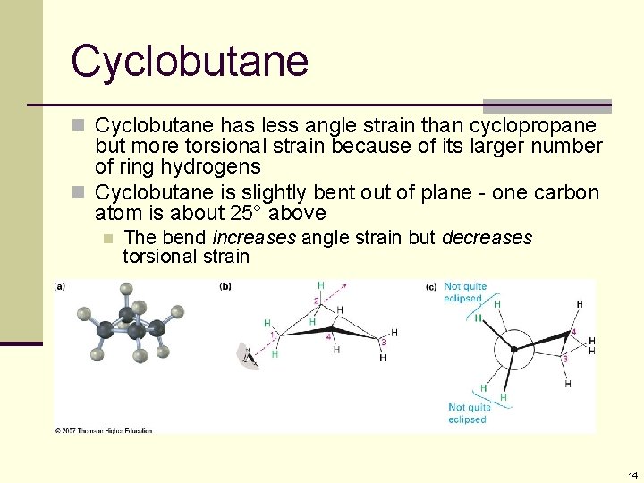 Cyclobutane n Cyclobutane has less angle strain than cyclopropane but more torsional strain because