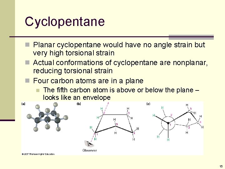 Cyclopentane n Planar cyclopentane would have no angle strain but very high torsional strain