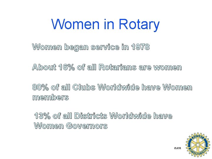 Women in Rotary Women began service in 1978 About 16% of all Rotarians are