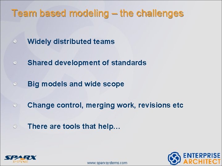 Team based modeling – the challenges Widely distributed teams Shared development of standards Big
