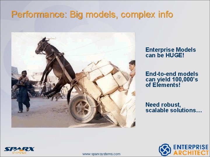 Performance: Big models, complex info Enterprise Models can be HUGE! End-to-end models can yield
