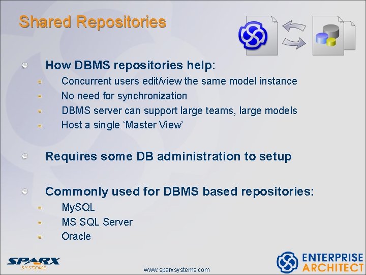 Shared Repositories How DBMS repositories help: Concurrent users edit/view the same model instance No