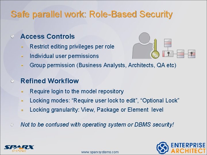 Safe parallel work: Role-Based Security Access Controls Restrict editing privileges per role Individual user