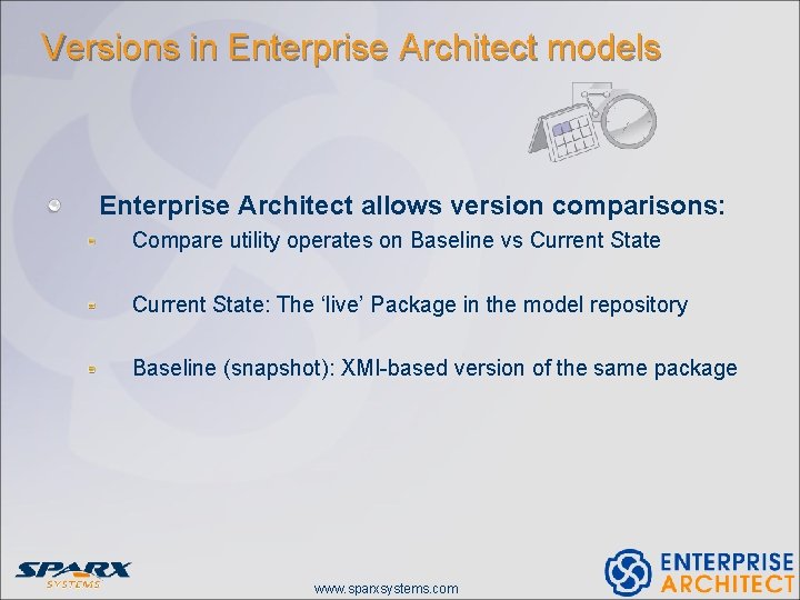 Versions in Enterprise Architect models Enterprise Architect allows version comparisons: Compare utility operates on