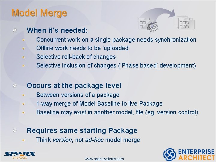 Model Merge When it’s needed: Concurrent work on a single package needs synchronization Offline