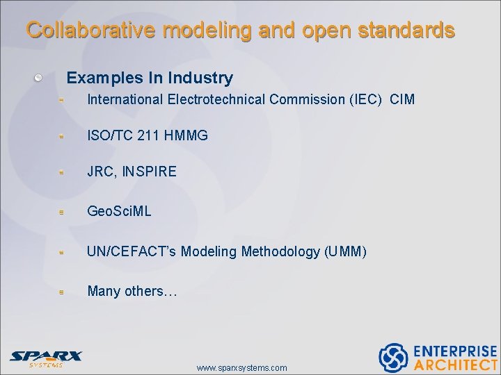 Collaborative modeling and open standards Examples In Industry International Electrotechnical Commission (IEC) CIM ISO/TC