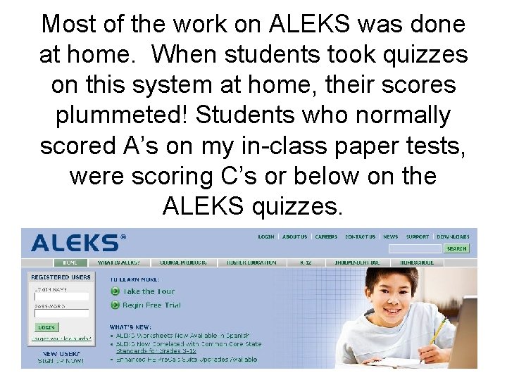 Most of the work on ALEKS was done at home. When students took quizzes