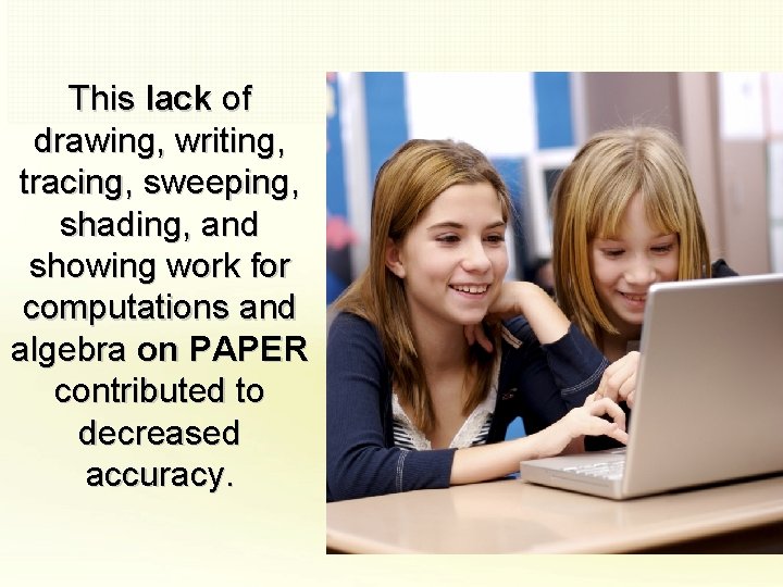 This lack of drawing, writing, tracing, sweeping, shading, and showing work for computations and