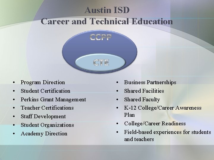 Austin ISD Career and Technical Education • • Program Direction Student Certification Perkins Grant