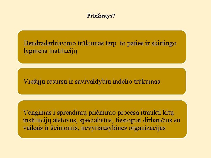 Priežastys? Bendradarbiavimo trūkumas tarp to paties ir skirtingo lygmens institucijų Viešųjų resursų ir savivaldybių