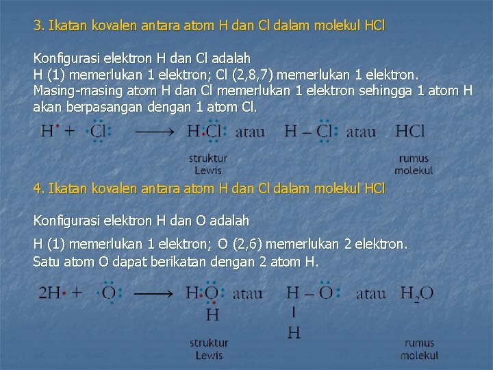 3. Ikatan kovalen antara atom H dan Cl dalam molekul HCl Konfigurasi elektron H