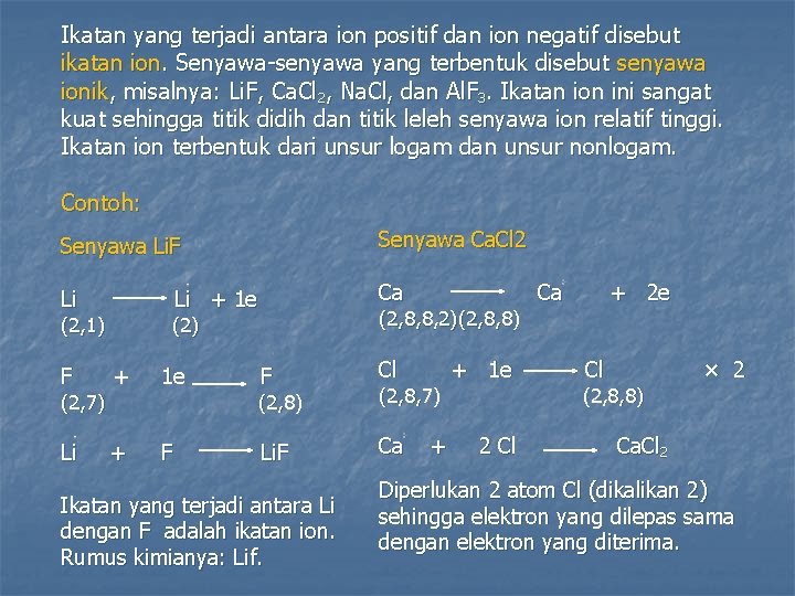 Ikatan yang terjadi antara ion positif dan ion negatif disebut ikatan ion. Senyawa-senyawa yang