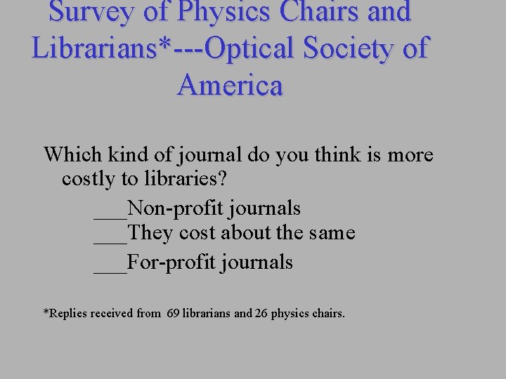 Survey of Physics Chairs and Librarians*---Optical Society of America Which kind of journal do