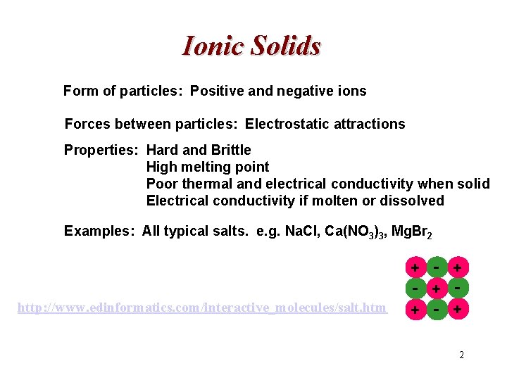 Ionic Solids Form of particles: Positive and negative ions Forces between particles: Electrostatic attractions