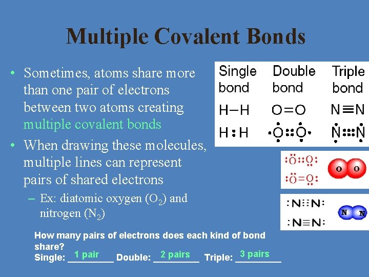 Multiple Covalent Bonds • Sometimes, atoms share more than one pair of electrons between Multiple Covalent Bonds • Sometimes, atoms share more than one pair of electrons between