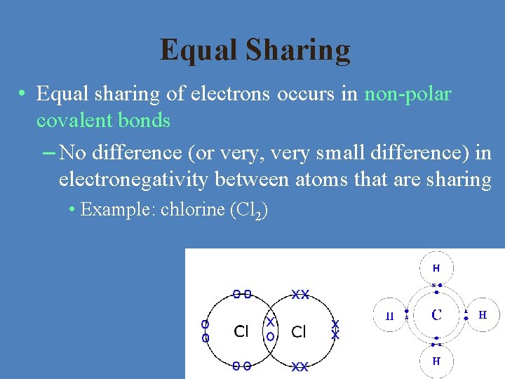 Equal Sharing • Equal sharing of electrons occurs in non-polar covalent bonds – No Equal Sharing • Equal sharing of electrons occurs in non-polar covalent bonds – No