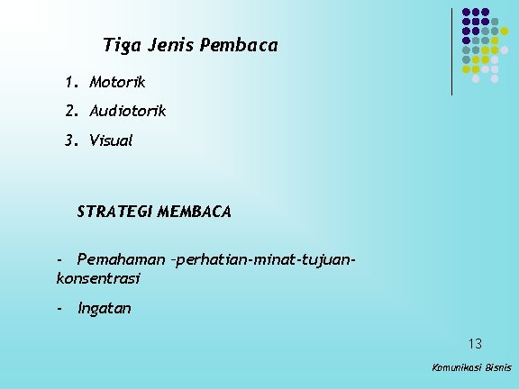 Tiga Jenis Pembaca 1. Motorik 2. Audiotorik 3. Visual STRATEGI MEMBACA - Pemahaman –perhatian-minat-tujuankonsentrasi