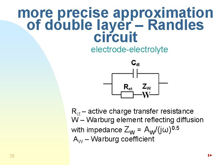 more precise approximation of double layer – Randles circuit electrode-electrolyte Rct – active charge