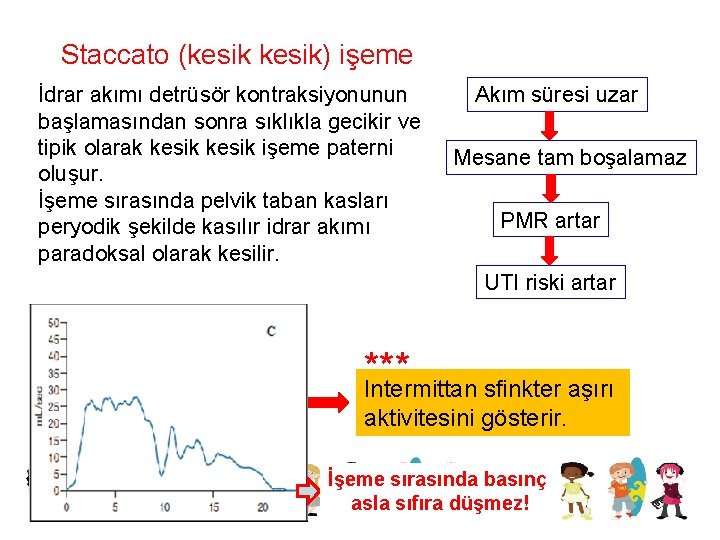 Staccato (kesik) işeme İdrar akımı detrüsör kontraksiyonunun başlamasından sonra sıklıkla gecikir ve tipik olarak