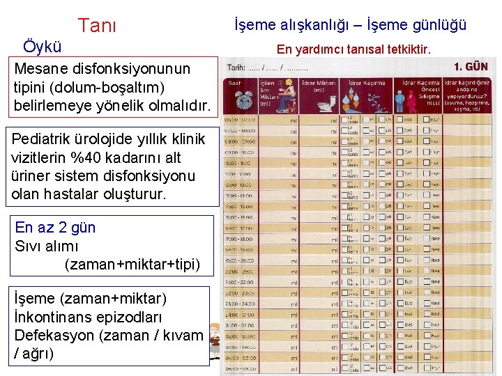 Tanı Öykü Mesane disfonksiyonunun tipini (dolum-boşaltım) belirlemeye yönelik olmalıdır. Pediatrik ürolojide yıllık klinik vizitlerin