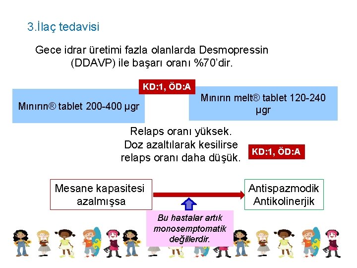 3. İlaç tedavisi Gece idrar üretimi fazla olanlarda Desmopressin (DDAVP) ile başarı oranı %70’dir.