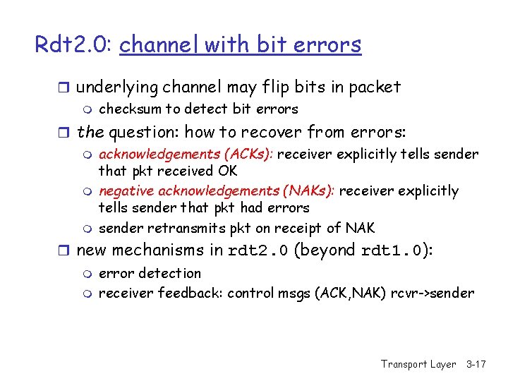 Rdt 2. 0: channel with bit errors r underlying channel may flip bits in