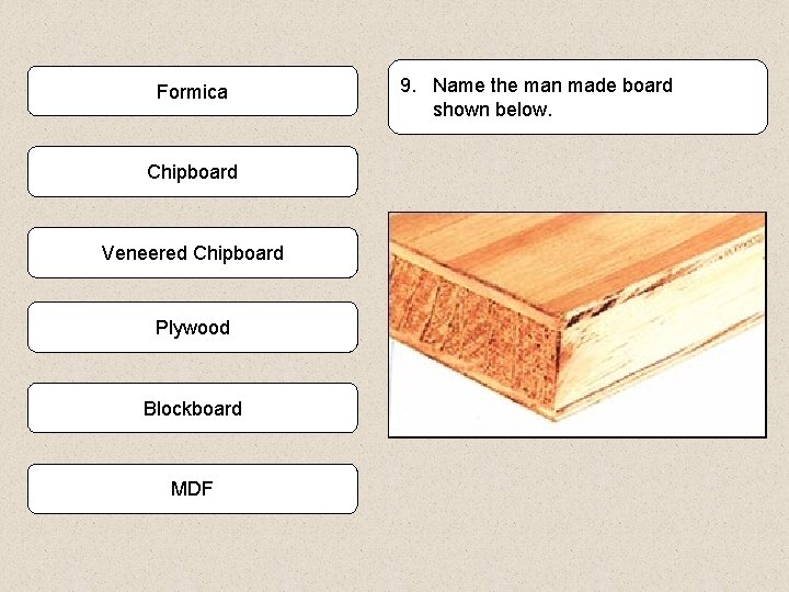 Formica Chipboard Veneered Chipboard Plywood Blockboard MDF 9. Name the man made board shown