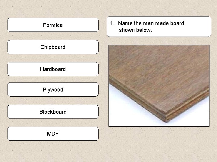 Formica Chipboard Hardboard Plywood Blockboard MDF 1. Name the man made board shown below.