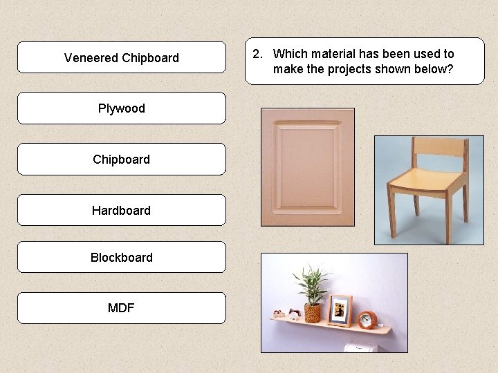 Veneered Chipboard Plywood Chipboard Hardboard Blockboard MDF 2. Which material has been used to