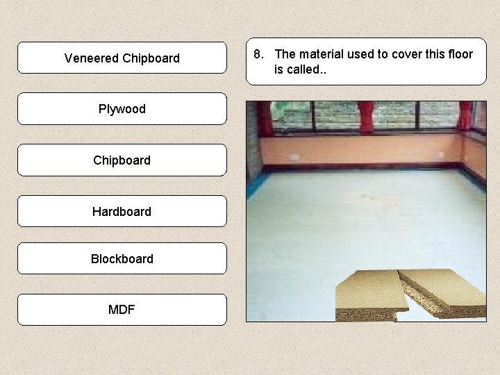 Veneered Chipboard Plywood Chipboard Hardboard Blockboard MDF 8. The material used to cover this