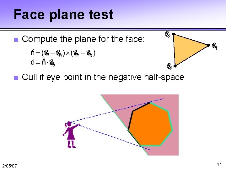 Face plane test ■ Compute the plane for the face: ■ Cull if eye Face plane test ■ Compute the plane for the face: ■ Cull if eye