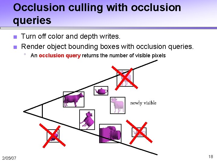 Occlusion culling with occlusion queries ■ Turn off color and depth writes. ■ Render Occlusion culling with occlusion queries ■ Turn off color and depth writes. ■ Render