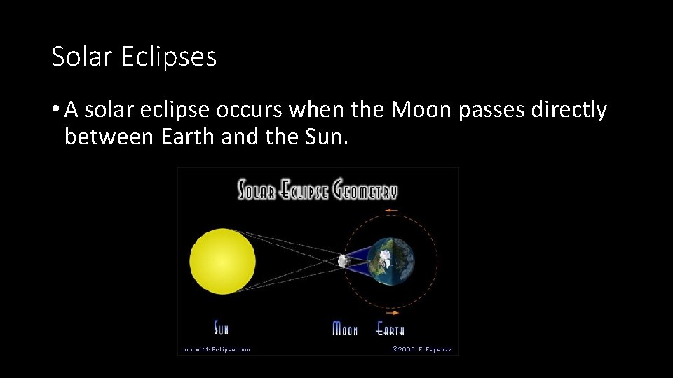 Solar Eclipses • A solar eclipse occurs when the Moon passes directly between Earth