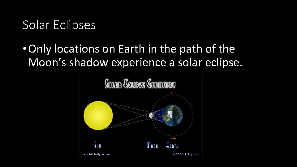 Solar Eclipses • Only locations on Earth in the path of the Moon’s shadow